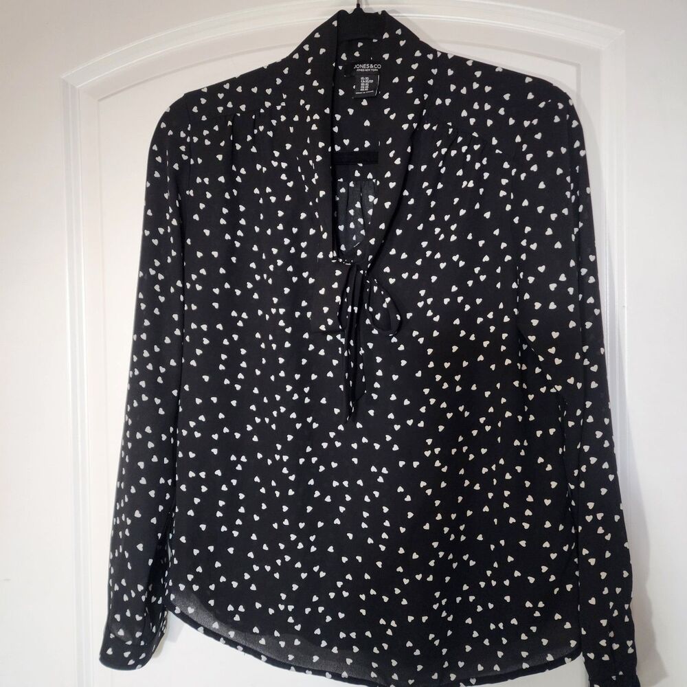 Jones New York Womens Blouse Black Heart Print  Tie Neck Size XS